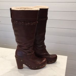 Ugg leather wooden heeled tall boots.